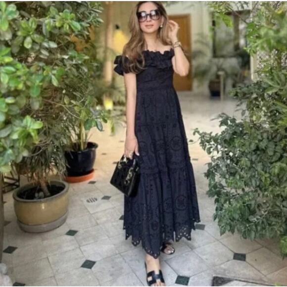 Zara Black Off the Shoulder Cotton Midi / Maxi Dress Pointelle Embroidered XS - Picture 1 of 13